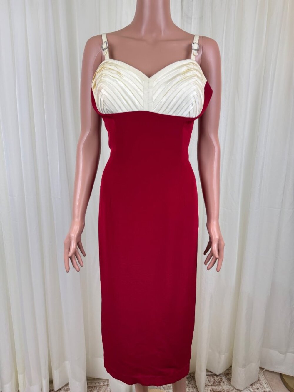 Vtg Y2K Creative Creations Color Block Empire Waist Midi Dress Formal Sz 12 Red